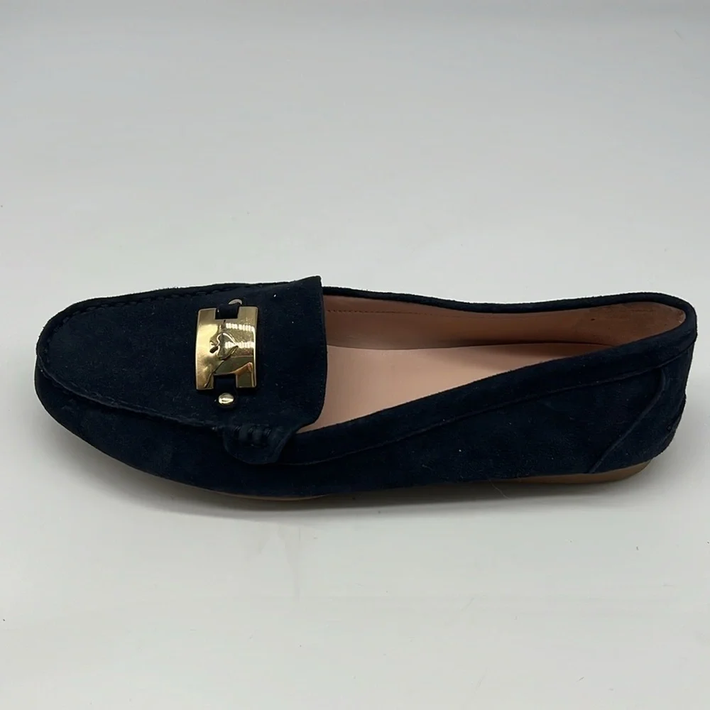 Kate Spade - Carmen Navy Suede Gold Logo Round Toe Driving Loafer Size 8